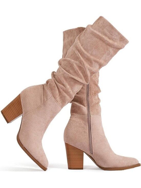 Shoes - Women's Rosy Brown Slouchy Knee High Boots Faux Suede Pointed Toe Chunky Heel